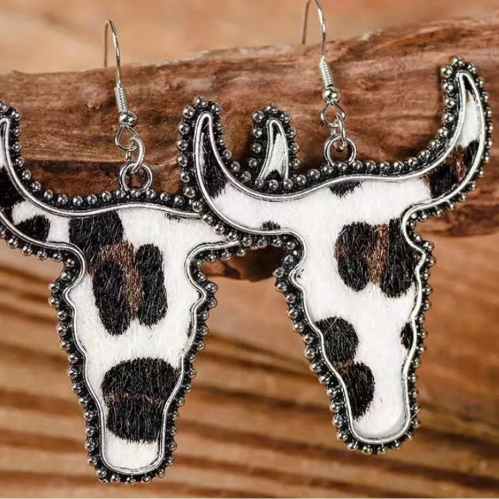 NEW Anthropologie Cow/Leopard Pattern Bull Head Western Country Earrings